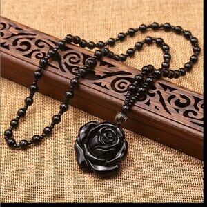 Obsidian Black Rose Pendant Necklace